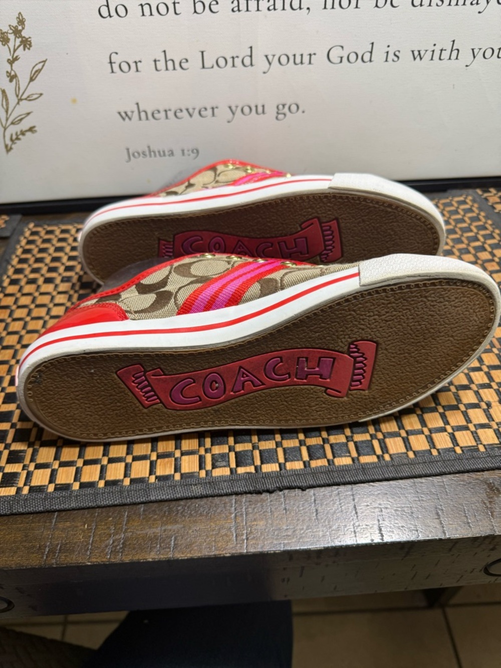 Coach Signature Monogram Sneakers in Khaki and Red Trim Women SZ 8- Box16 - Picture 5 of 6